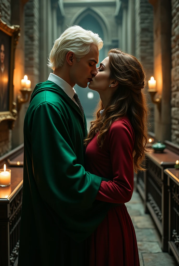 Create image of boy Draco Malfoy dressed in Slytherin uniform kissing Hermione Granger on the lips, girl with wavy brown hair, Caucasian skin, dressed in Gryffindor uniform 