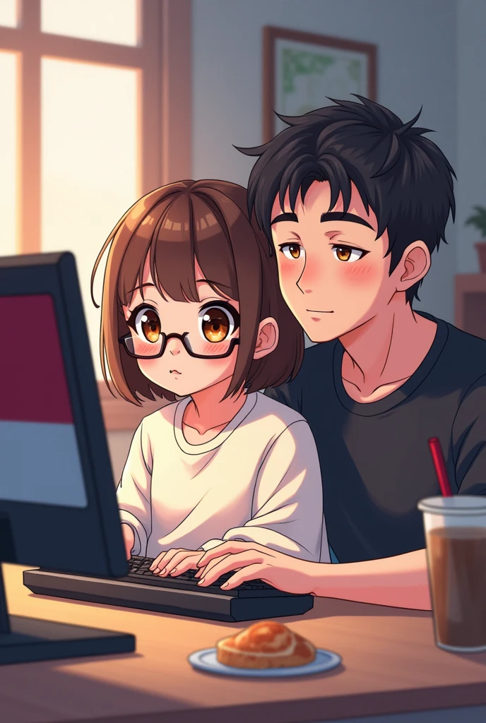 Anime short cute gamer girl brown short hair and brown eyes wearing cute glasses big boobies, wearing a comfy sweatshirt with cool muscular dark haired dark eyes gamer guy wearing a black shirt with an indonesian flag on his pc with snacks