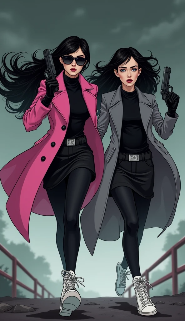 Two young womens, long black hairs, yuri, Vampire Hunters

The first young women black eyes wear a pink long coat, black shirt, black pencil skirt, black underpants, black tights, black gloves, white sneakers high top.

The second young women black eyes wore a grey long coat, black shirt, black pencil skirt, black underpants, black tights, black gloves, white sneakers high top.

holding a duo handguns, running, black grey sky, night sky, cartoon novel, 4K, HD