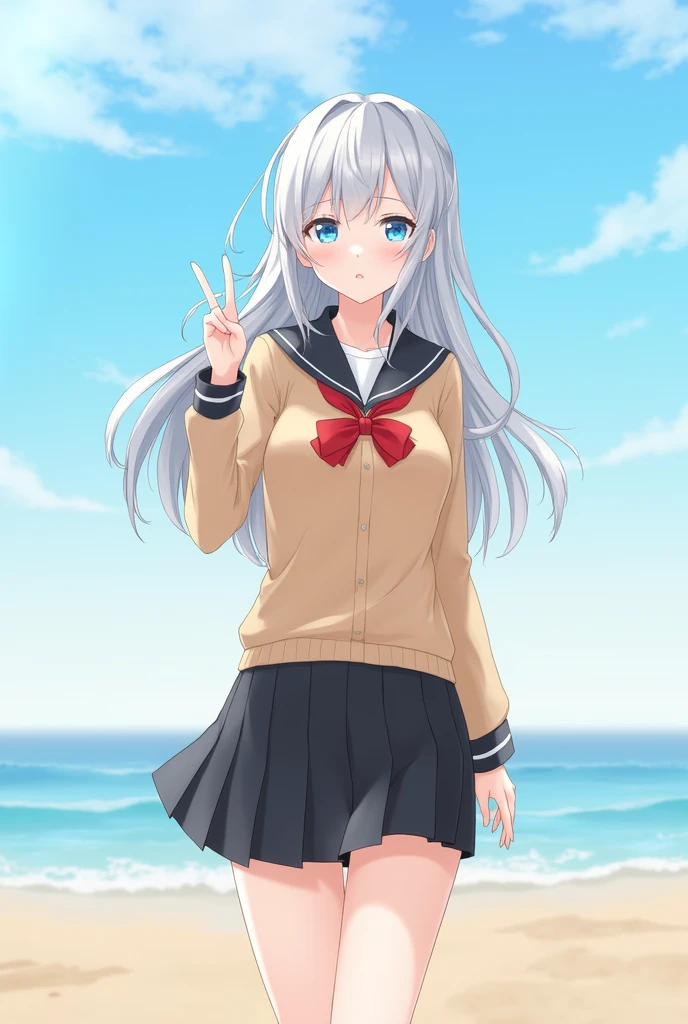 ((masterpiece)), ((best quality)), ((highres)), ((extremely detailed CG unity 8k wallpaper)), solo, tachibana kanade, tan school uniform, black skirt, white socks, outdoors, face, curtained hair, beach, parted hair, silver hair