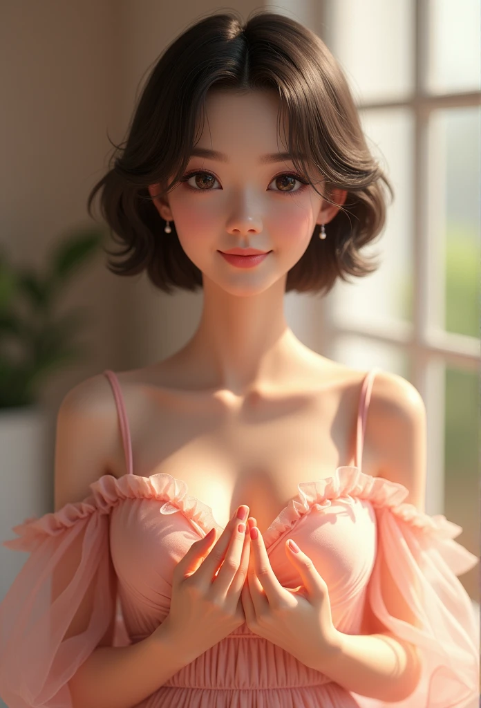 (masterpiece),((ultra-detailed)), (highly detailed CG illustration),(expressionless), (best quality:1.2),realistic8K UHD,High definition,(1girl:1.2),High quality texture,intricate details,detailed texture,finely detailed,high detail,extremely detailed cg,High quality shadow,a realistic representation of the face,Detailed beautiful delicate face,Detailed beautiful delicate eyes, brown eye pupil, a face of perfect proportion,Depth of field,Cinematic Light,Lens Flare,Ray tracing,perspective,20s, Prominent Nose,slender face,tall girl, (big eyes:1.2),blush,glossy lips,perfect body,lean body,Particles of Light,(narrow waist:1.3),large breast, distinct_image, high_resolution, (lustrous skin), solo focus, (brown hair), (finely detailed beautiful eyes and detailed face),(detailed face), (hair streaked hair), light source contrast, short hair, ((smile)), (pureerosface_v1:0.5) , (ulzzang-6500-v1.1:0.5), pink long dress, bare shoulders, besides of piano
