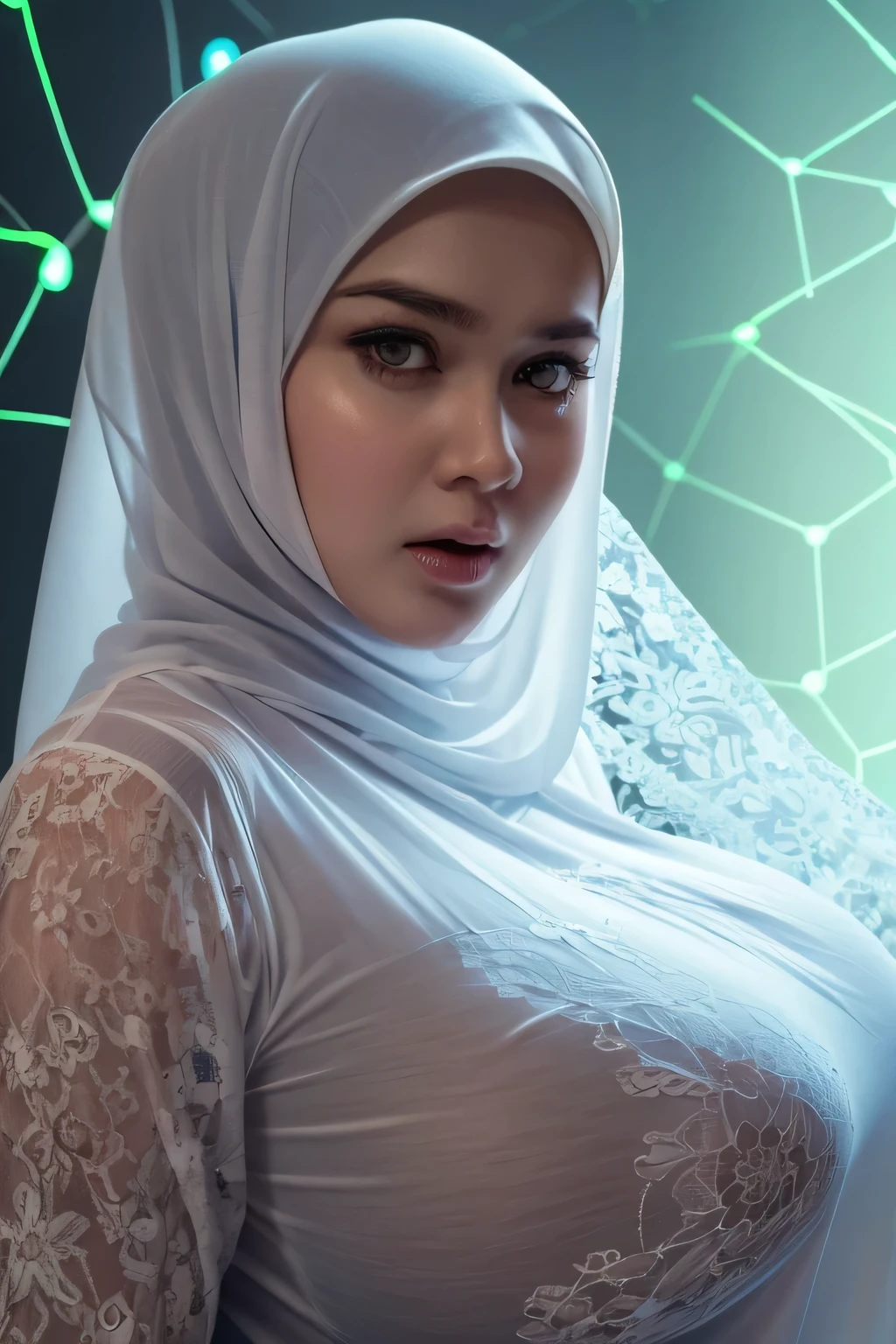 Jumbo (Oversized), Chubby adorable, 1 girl, (face to face), , , angry face expression, half body portrait, (face details: 1), (eye details: 1), ((big breasts)). wearing transparent transparency soft long shirt, hijab, .. Cute posed. proportional body. Ultra High Res. realistic: 1.4, UHD, ((lace pattern)), ((Bigger:2.3)), (((FLUORESCENCE BACKGROUND)))