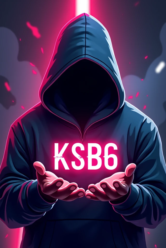Create a gaming logo with a faceless hooded guy , holding the highlighted letters in the palm of your hand "KSB6" no estilo gaming cartoon