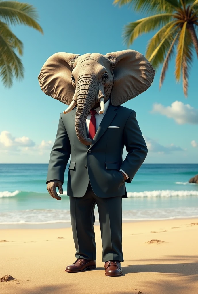 Elephant wearing a suit on the beach

