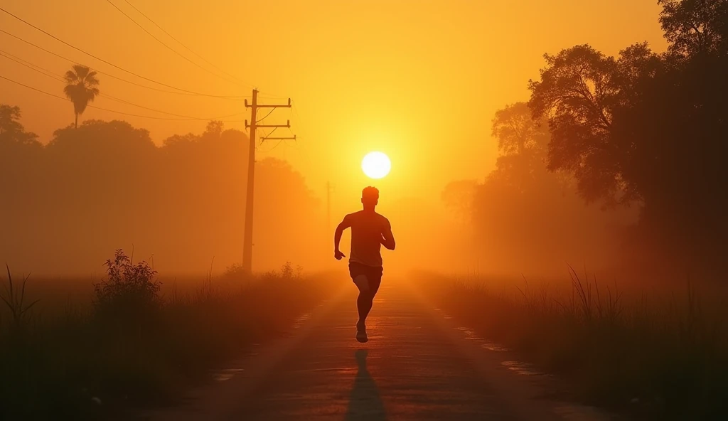Early morning scene with a soft golden sunrise. Suraj is seen running through the village, his silhouette framed against the rising sun. The village is quiet, with mist hanging low, and the fields on either side of the path show the hard work of a rural life. Suraj's intense focus is evident as he runs, symbolizing his daily dedication to training