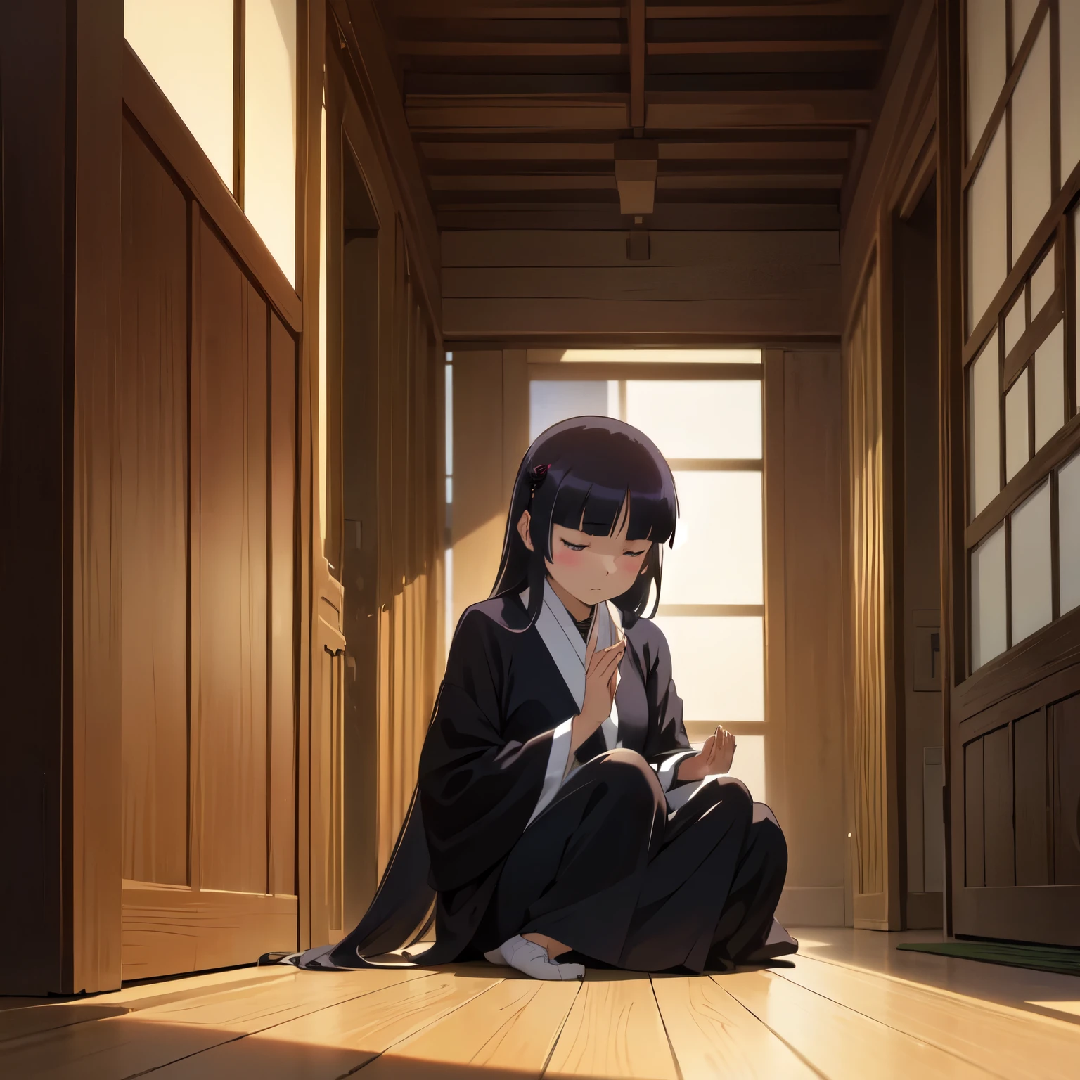 (Deep Meditation), ((Zazen)), Ancient temple, Mysterious space, Timeless Silence, Historical Art, (ruri gokou), woman, alone, Hime cut, woman, Long Hair