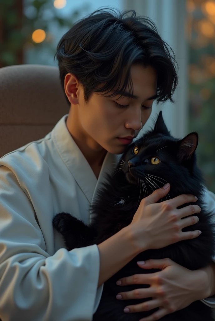 (photorealism:1.2), a 20 years old handsome and innocent biracial filipino-korean seminarian man, wearing a white sonata, sitting on chair, holding a black cat, sexy vibe, twilight theme background, love and affection in cat pose, realistic, intricate details.