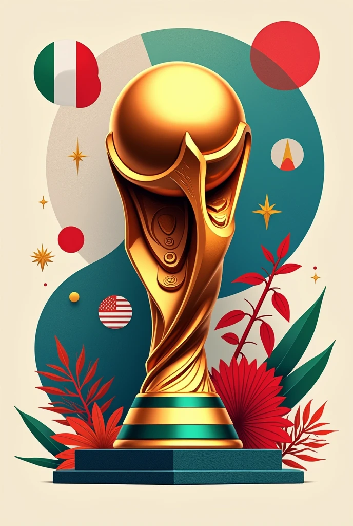 Could you make me a drawing of the World Cup logo based on the countries of Mexico?, United States and Canada, where only the cup is png, have red as main colors, blue and green, and that they have something emblematic of each of the countries already mentioned.