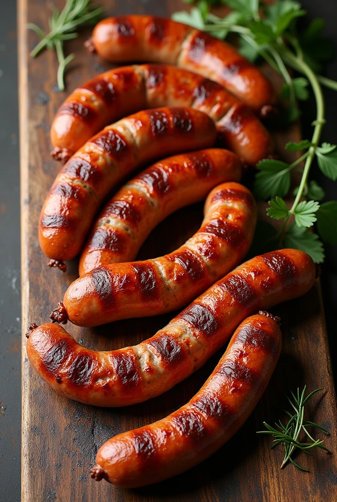 Roasted Tuscan Sausage, on top of a wooden board, show top view