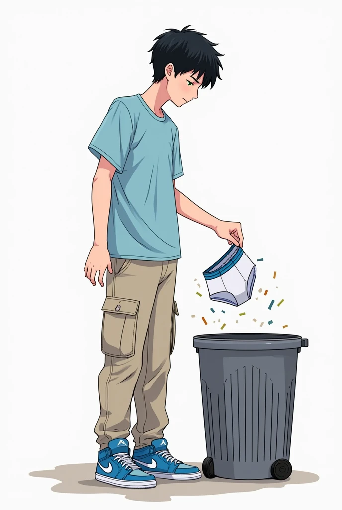 An anime ager (naruto type) he is wearing a light blue t-shirt, beige cargo pants and blue Air Jordan sneakers, black andwhite, He has white skin and black hair and he has a relieved face he is very handsome and cute and he is throwing a pair of underwear (open white boxers) in the trash, ele está sem cueca jogando ela in the trash (It's just underwear)