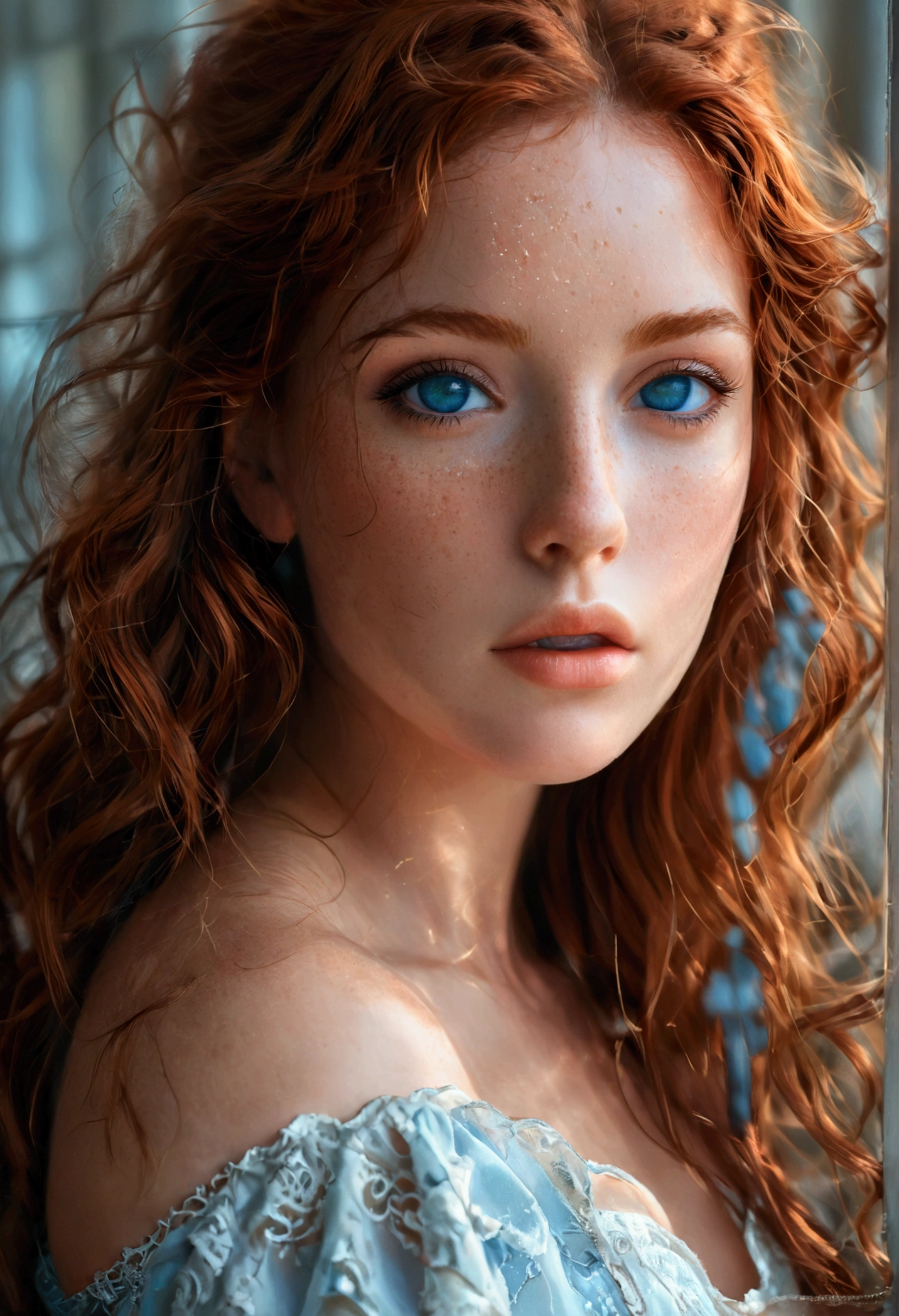 ultra realistic, photography, girl, 3, Fit physique with ample curves, long wavy auburn hair, sultry blue eyes, slightly tanned skin with freckles.extremely detailed artgerm, in the style artgerm, small breasts, facing the camera, lens 35 mm, blur background, 