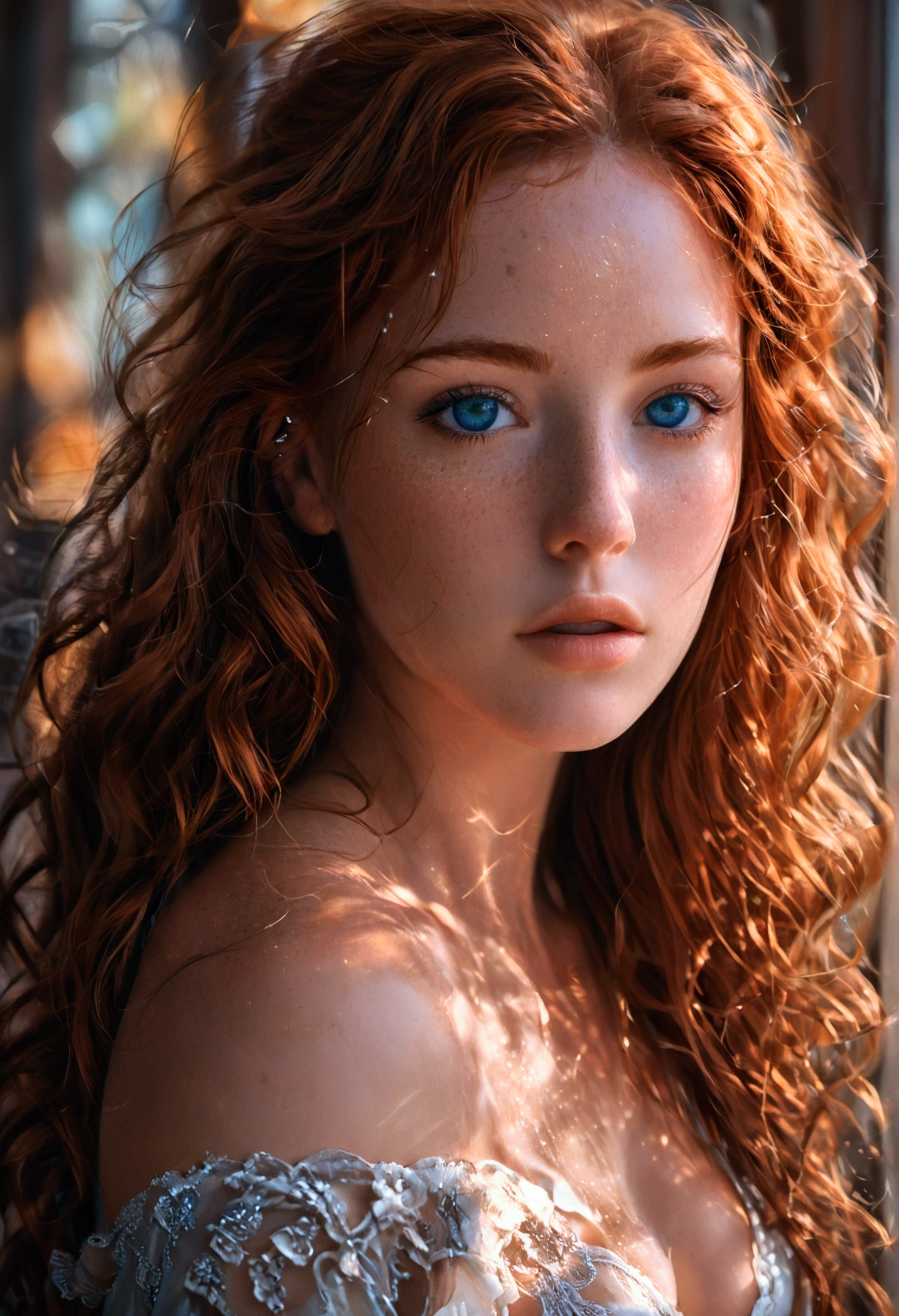 ultra realistic, photography, girl, 3, Fit physique with ample curves, long wavy auburn hair, sultry blue eyes, slightly tanned skin with freckles.extremely detailed artgerm, in the style artgerm, small breasts, facing the camera, lens 35 mm, blur background, 