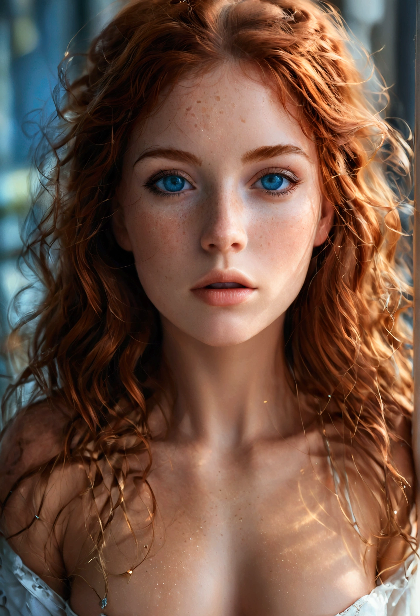 ultra realistic, photography, girl, 3, Fit physique with ample curves, long wavy auburn hair, sultry blue eyes, slightly tanned skin with freckles.extremely detailed artgerm, in the style artgerm, small breasts, facing the camera, lens 35 mm, blur background, 