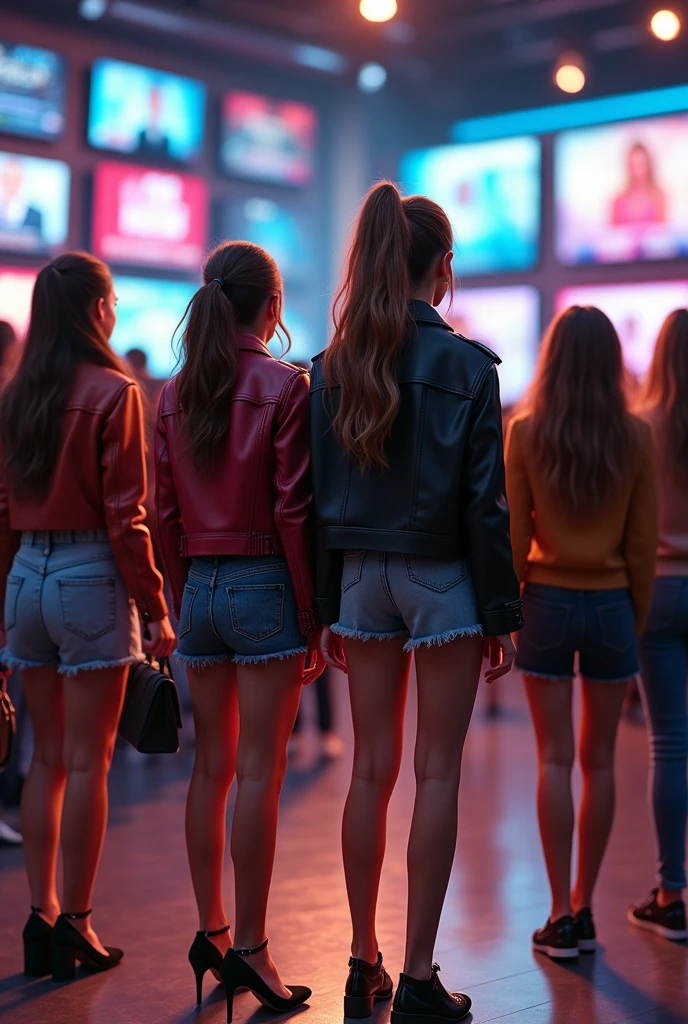 Jeunes femmes cheveux attaché veste cuir mini short jean grand sac a main avec leurs familles nombreuses au journal télévisée