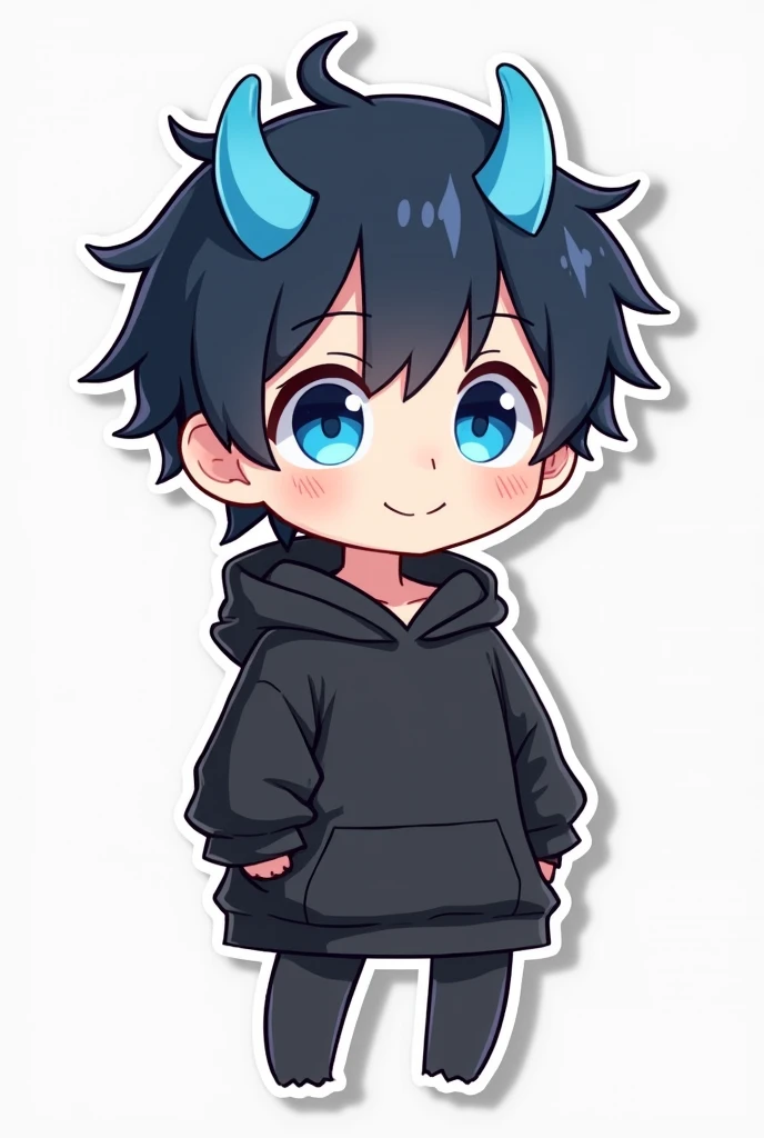 STICKER CUTE CHIBI BOY black hair blue eyes two blue horns with a black sweatshirt hanging from the waist up