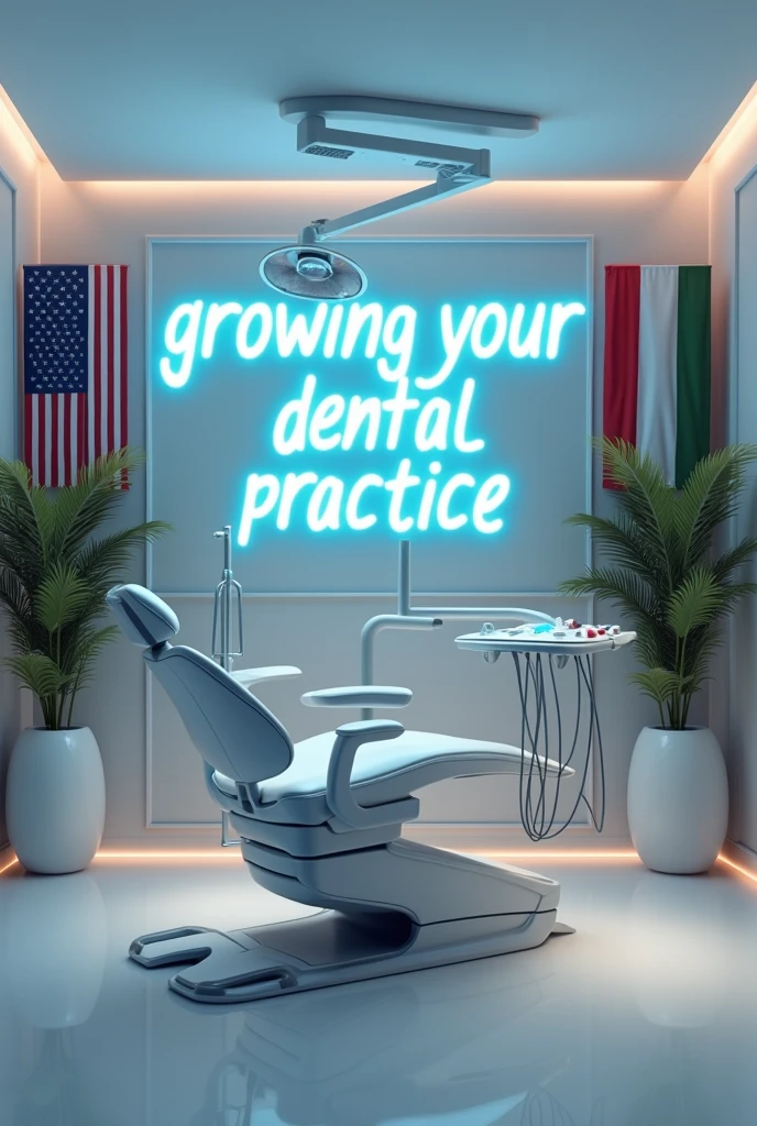 An upscale clinic office with a sleek dental chair, showcasing a vibrant 'Growing Your Dental Practice' message. Include the USA, UK, and UAE flags subtly incorporated into the background, highlighting international business growth."