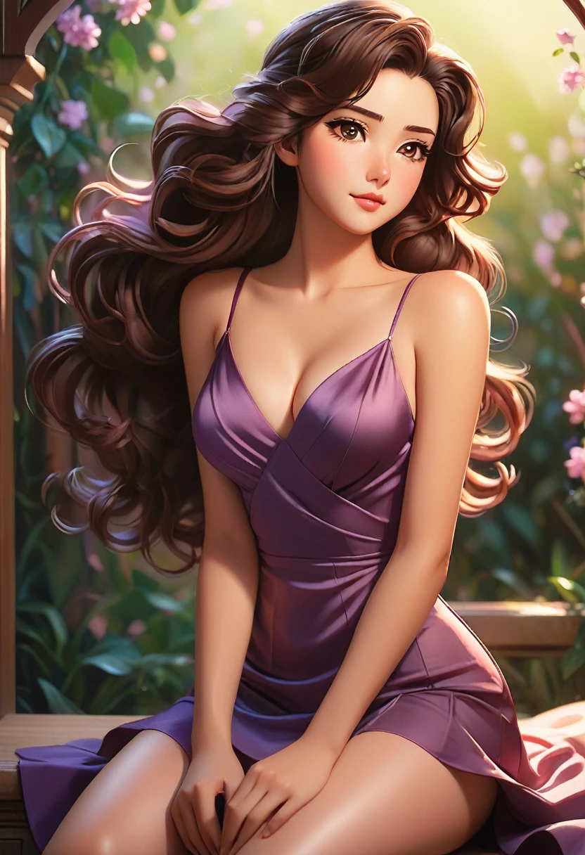 A centered portrait illustration in anime style depicts a cur vy female character sitting with her right arm supporting herself on the ground and her left leg bent. She has long, wavy dark brown hair with lighter highlights falling over her shoulders, framing her face and softly curling at the ends. Her expression is gentle and slightly shy, with large, expressive purple eyes looking slightly upwards, light blush on her cheeks, and a soft smile. The character wears a form-fitting, sleeveless deep red dress with a crisscross strap detail at the bust, highlighting her chest. The fabric of the dress appears smooth and shiny, reflecting light to emphasize its sheen. The dress has a plunging neckline, revealing significant cleavage and a high slit exposing her black underwear. Her skin tone is light peach with a subtle glossy sheen, particularly on the arms and legs, adding to the overall sensual and intimate mood of the illustration. The background features a gradient blend of warm hues, transitioning from pale peach to light pink with abstract bokeh effects from circular light spots and faint splashes. The lighting is soft and diffused, creating a warm and intimate atmosphere while illuminating the character's face and upper body from above and slightly behind. The composition is balanced, with the subject centrally placed and the background softly blurred, enhancing the overall romantic and serene atmosphere of this 2D digital illustration.