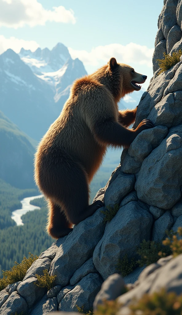 Ultrarealistic 8k Image, "A Grizzly Bear climbing a rocky mountain with determination. His paws are firm on the stones, as he looks at the top of the mountain. Ao fundo, the sky is clear and the landscape vast, with forests and rivers. The scene symbolizes overcoming obstacles, with the bear persistent in his path."