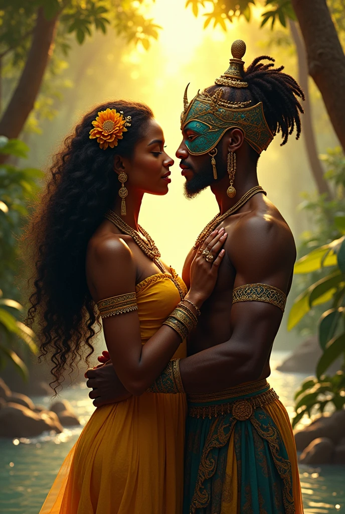 Create the image of the god of creation and goddess of nature holding hands from the Brazilian indigenous culture with black skins.