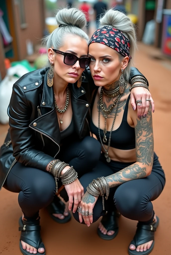 Two russian milf women,  grey hair (bouffant, top bun) and oversized square sunglasses and wide  colourful bandana as headband, with very light green eyes, extremely pale. Big lips.  Aged cropped black moto jacket with side and sleeve zippers. Black lace push up bra, silicone breast,, black yoga pants with holes on knees.  Flip flops. Lots of thick wide studded bracelets, chain collars and big rings,. Additional crossed loose belts,. Long earrings with chains and feathers. Metal pendants. Bracelets in ankles. Squatting with legs apart. Neck, chest, stomach and wrists heavily tattoed. Toned abdominals, thin neck, slim legs and thin forearms. Narrow hips and long legs. Exhausted, craving face,  Dirt street of Kenya full of dirt and garbage bagsshirtless men behind. Hugging each other tight. Serious, sad faces