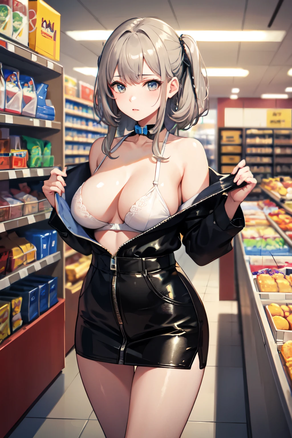 ((Highest quality)), ((masterpiece)), (detailed), girl,Gray Hair, shame, Big Breasts, Undressing, convenience store, In front of the cash register, Public scrutiny