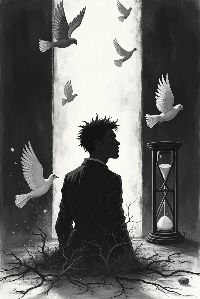 Drawing depicting chronicles of a death foretold in black and white and featuring doves and the hourglass and the death of Antiago Nasar(only the outline of the drawing)
Outline of the drawing