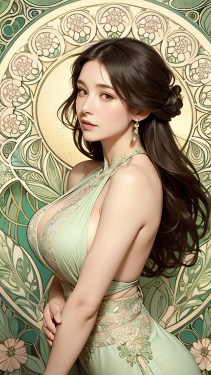 Minimalist color style, a beautiful attractive woman in thin halter dress, intricate chain jewelry suspenders, beautiful round breast, chest press together ,medium long shot ,elegance pose, Intricate designs and patterns in the style of Alphonse Mucha ,Art Nouveau flowery background 