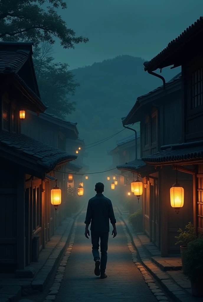 front view of man walking at night in a village of wooden houses with dim round lights