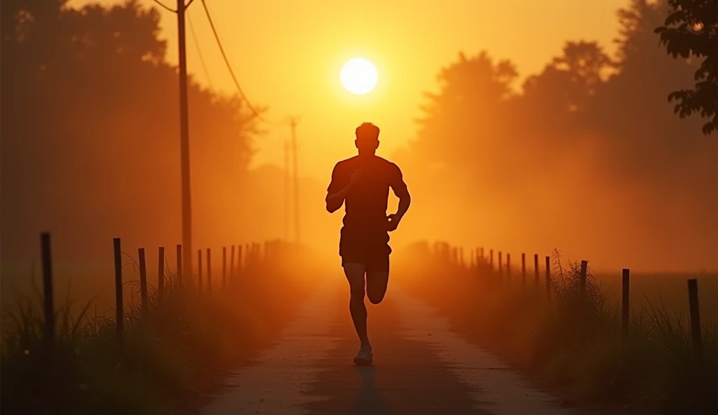 Early morning scene with a soft golden sunrise. Suraj is seen running through the village, his silhouette framed against the rising sun. The village is quiet, with mist hanging low, and the fields on either side of the path show the hard work of a rural life. Suraj's intense focus is evident as he runs, symbolizing his daily dedication to training