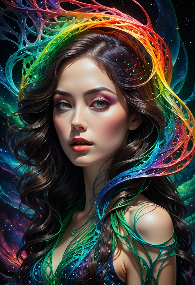 masterpiece, best quality, ultra-high resolution, extremely detailed, (psychedelic art: 1.4), brunette woman, wavy hair on one side of head, veil, visually stunning, beautiful, award-winning illustration, cosmic space background, ethereal atmosphere , ultra quality, cool girl, cosmic concept, rainbow strings, iris, rainbow-colored bloody veins, which grow from the darkness and intertwine, nailed thread, thick blue blood oozed from it, sharp neon, veins grow and pump blood, vascular networks grow, Green veins everywhere, Yin and Yang, luminous room, shining stars, infinity symbol