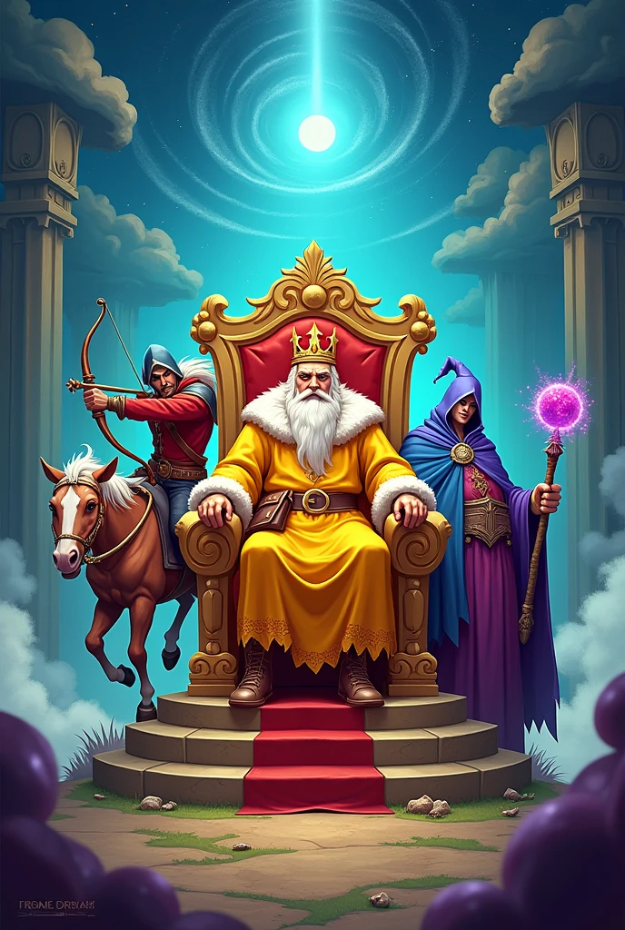 Create a pattern for a game box, with a yellow king on the throne, a red archer, a blue human on the horse, a purple wizard.