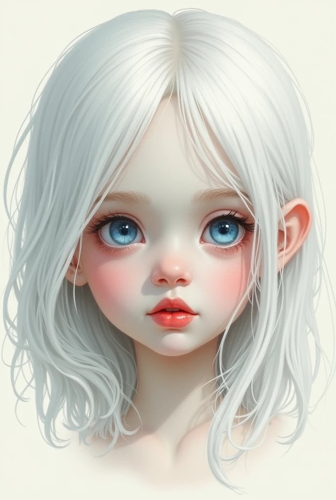 Generates a semi-realistic drawing-style image of a  with white hair and light blue eyes, porcelain skin and red lips