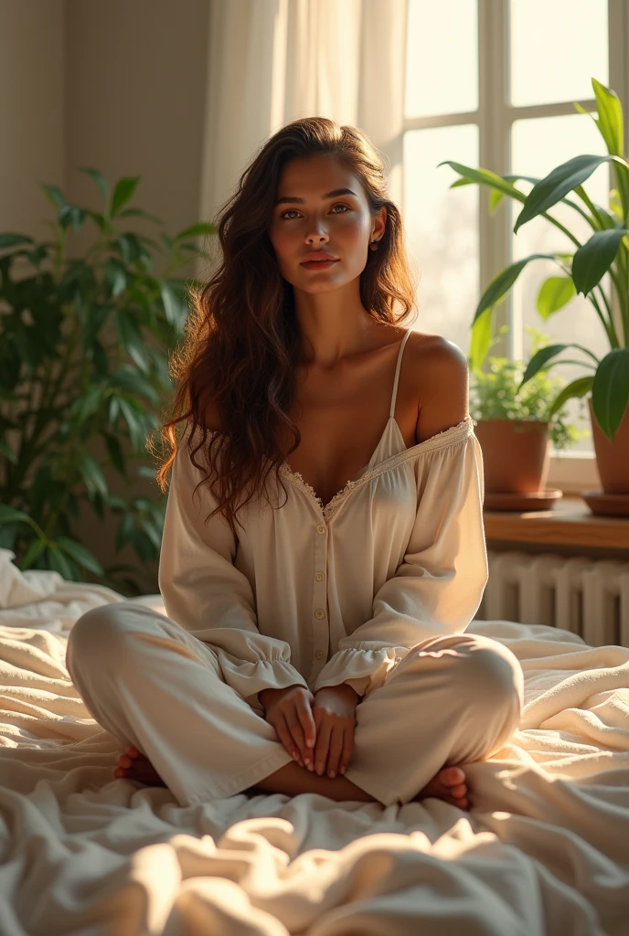 (photorealism:1.2), beautiful woman, sitting on bed, wearing loose off-shoulder top, pajama pants, long curly hair, indoors, soft lighting, plants in background, window with sunlight, cozy room, relaxed pose, realistic, intricate details, warm colors, by Greg Rutkowski, by Alphonse Mucha