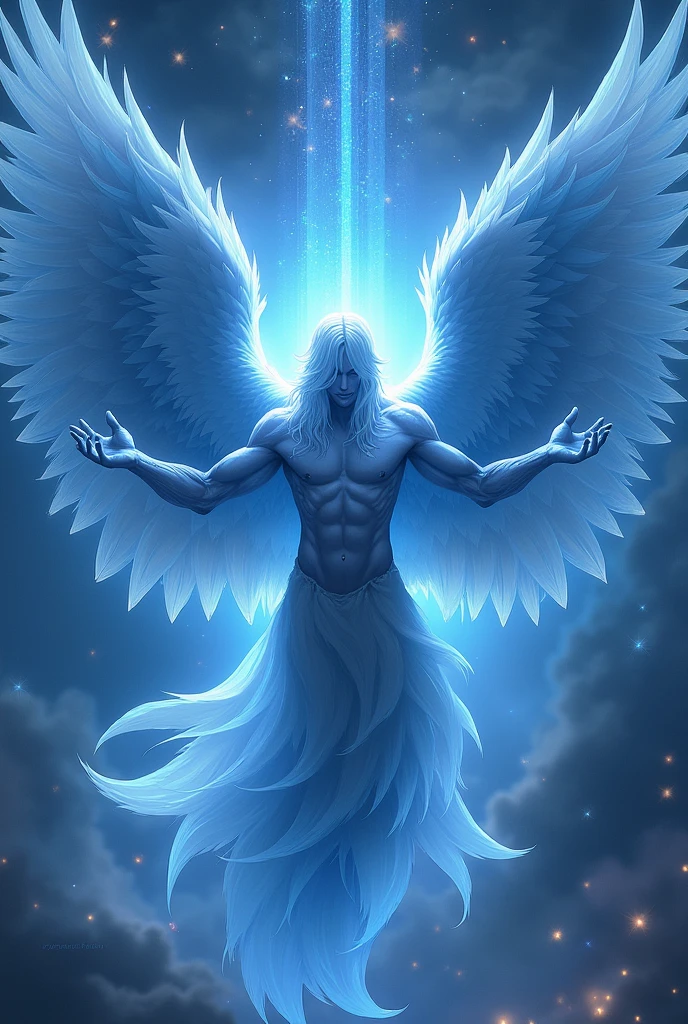 Seraphim are described as follows: "Each had six wings: with two he covered his face, with two he covered his feet, and with two he flew.". In blue color with masculine features with 6 wings