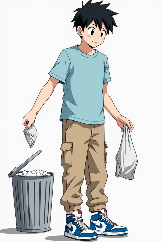 An anime teenager (naruto type) he is wearing a light blue t-shirt, beige cargo pants and blue Air Jordan sneakers, black andwhite, He has white skin and black hair and has a very relieved expression. He is very handsome and cute and is throwing his underwear. (open white boxers) in the trash,  ele está sem cueca jogando ela in the trash (It&#39;s just underwear)