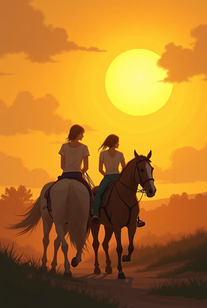 Anime, 2D drawing, women walking behind a horse, bigger yellow sunset scene