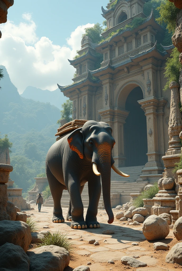 An elephant is dragging stones to build a temple