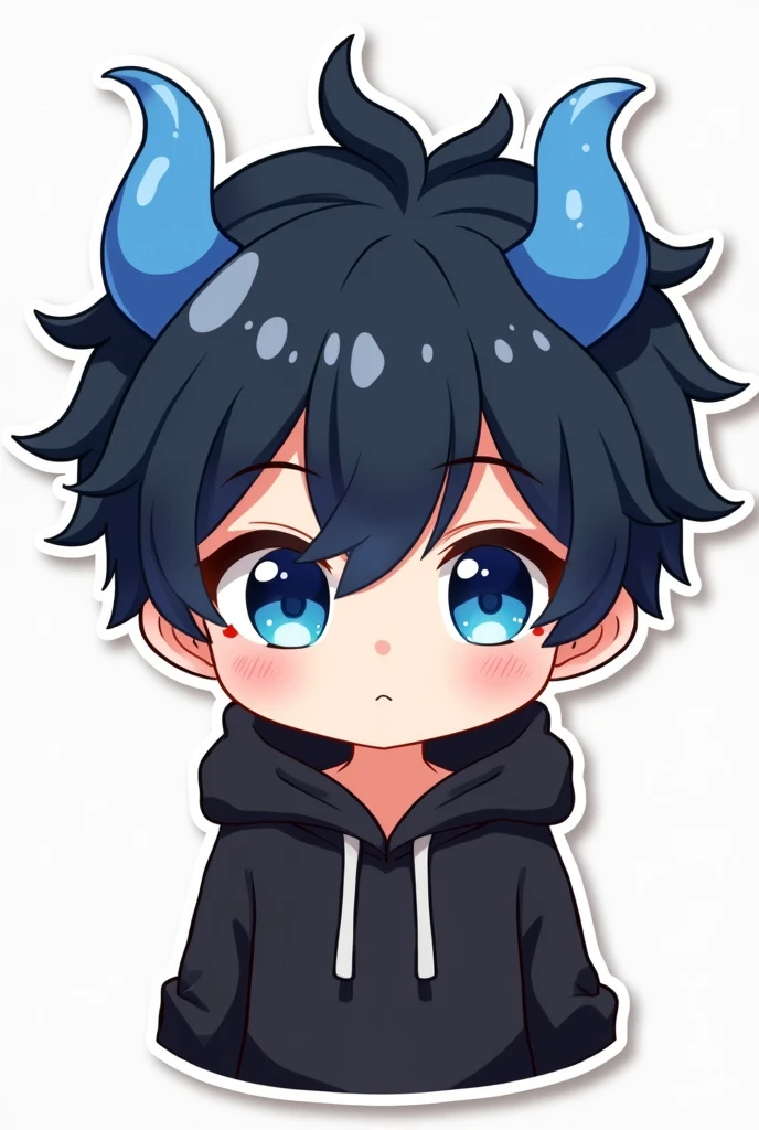 STICKER CUTE CHIBI BOY black hair blue eyes two blue horns with a black hoodie