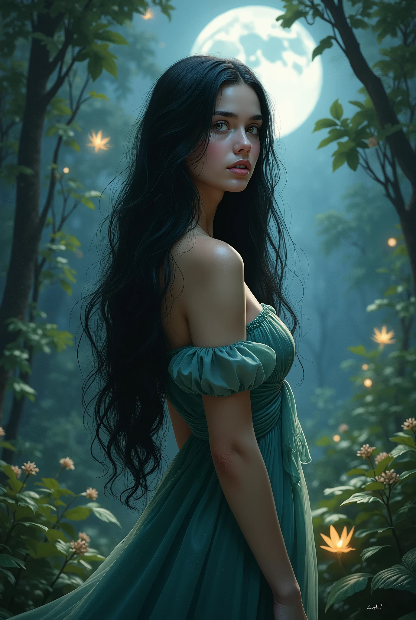 Beautiful magical black-haired girl with brown eyes and long hair in a night forest under the moonlight
