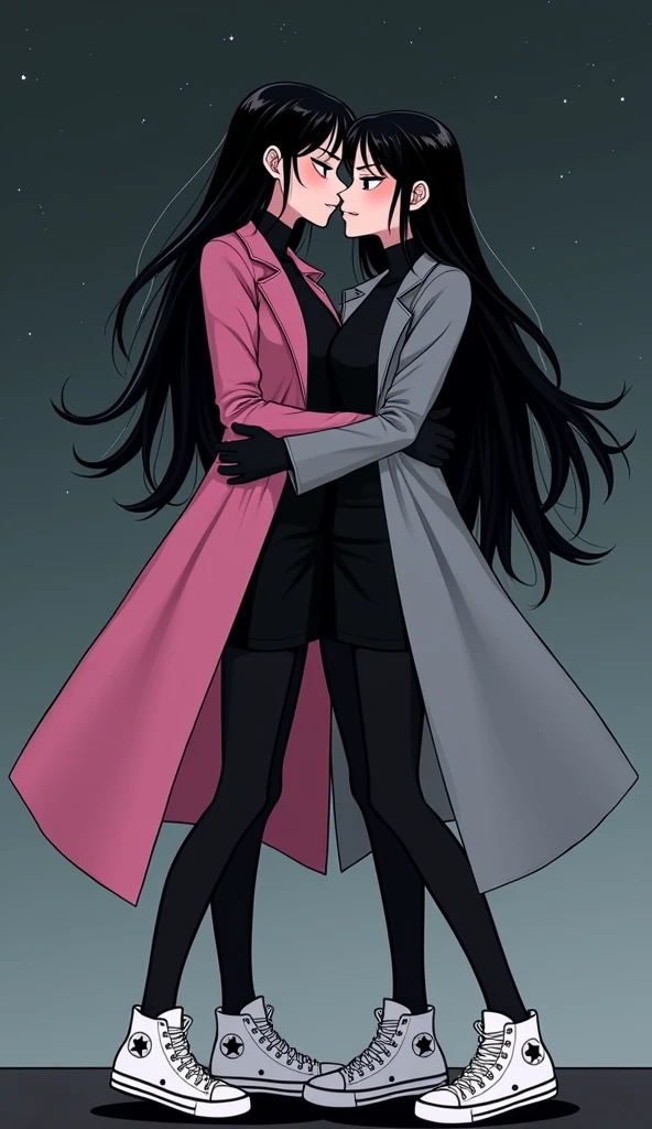 Two young womens, long black hairs, yuri, Vampire Hunters, Lesbian
The first young women black eyes wear a pink long coat, black shirt, black pencil skirt, black underpants, black tights, black gloves, white sneakers high top.
The second young women black eyes wore a grey long coat, black shirt, black pencil skirt, black underpants, black tights, black gloves, white sneakers high top.
hugging, closed eyes, kissing, black grey sky, night sky, cartoon novel, 4K, HD