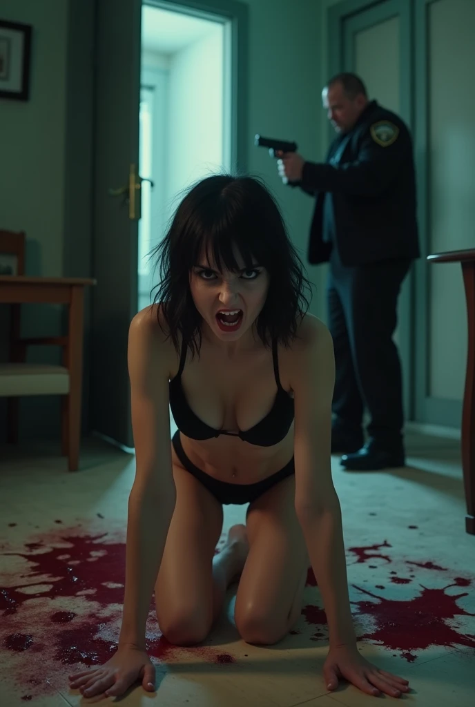 On a bed with blood stains is a young adult European woman with black hair in sexy lingerie on all fours, White skin, She is furious with an angry face and opens her lips showing her teeth, In front of her there is a policeman standing at the door who looks at her and points his gun at her, Full body view, view from one end of the room, Hyper-realistic image quality, perfect camera resolution, excellent natural lighting