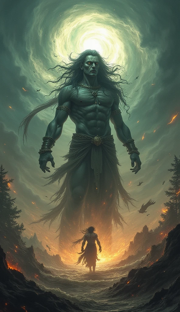 Vayu Dev's Wrath and the Stopping of the Air**:
   - Depict Vayu Dev, the god of wind and father of Hanuman, in a state of deep anger and sorrow. He stands in the center of the scene, with powerful winds swirling around him, uprooting trees and causing chaos on earth. The atmosphere is tense, with all living beings gasping for air, symbolizing the stopping of the wind. The sky is dark, and there is a sense of despair and urgency among the gods.