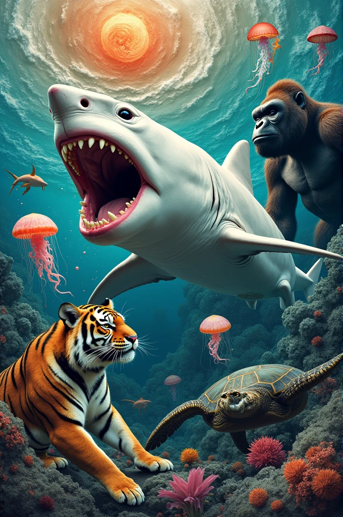 Collage with a white shark, a tiger, a sea turtle, a gorilla and a jellyfish