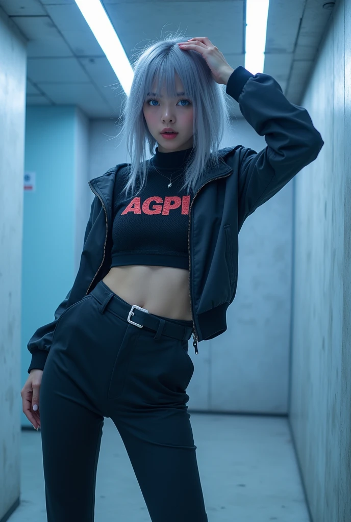 nfsw, masterpiece, Best Quality, hyper Realistic, A mysterious and sophisticated beautiful model, identity hidden, all body shot, with blue eyes wears futuristic and sexy fashion art. 18-years-old, beautiful and sexy Japanese girl is climbing at a wide angle, standing and random posing, with her full body in frame. She has an ultra-slim waist, large firm breasts, a large-sized buttocks, showcasing sculptural beauty. gray arranged hair, light color eyes, Realistic skin, Detailed face, , small head. /// detailed clothes, A sporty and modern outfit featuring a cropped top with a bold logo "AGPI", designed to accentuate the body’s contours. The top is paired with a breathable Rough mesh overlay that adds a stylish, athletic vibe. The cropped length of both tops creates a layered look. Completing the outfit is an oversized jacket that provides a cool and voluminous contrast, balancing the overall appearance and enhancing the active, urban aesthetic., /// small head and face, Detailed wide Duck mouth, half open mouth, perfectly aligned teeth, perfect beautiful wide teeth, light blue eyes, half open eyes, shiny Droopy eyes, looking other, /// She is situated within the interior of a futuristic colony, in the deep night, with mist drifting and steam rising from concrete