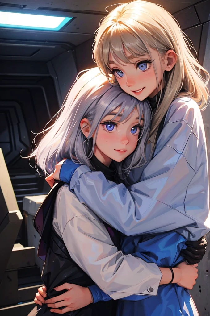 two females hugging, in a futuristic underground bunker. one of them is a child, , blonde with blue eyes and cute smile and the other is a 2 women with gray hair and purple eyes.