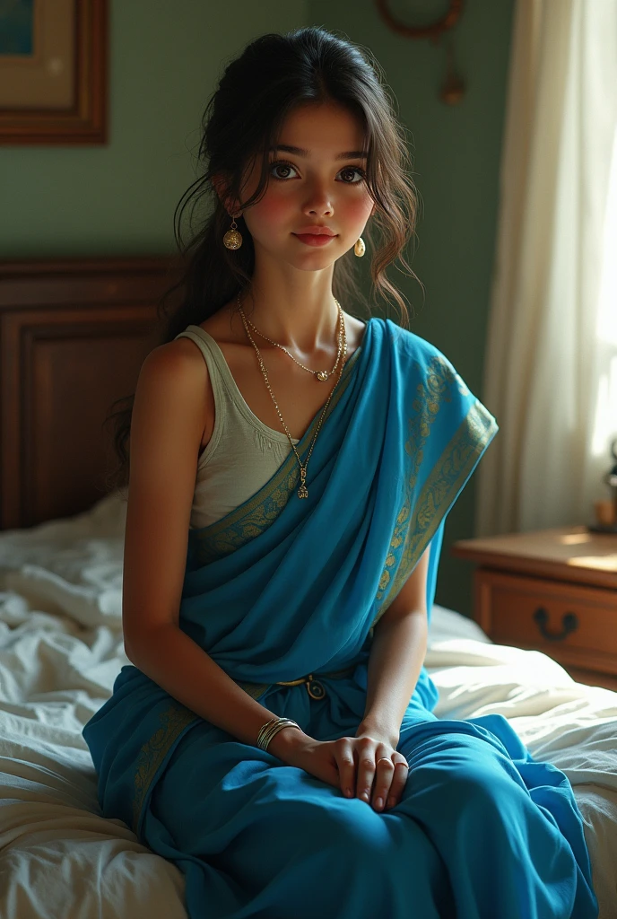 A beautiful village girl wearing blue shari with bra sitting on bed