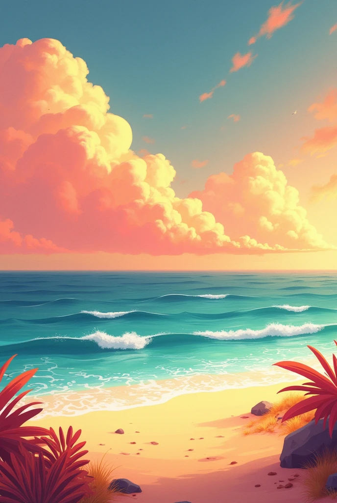 I want a beach landscape overlooking a vast sea, and the sky in the afternoon is a little dark with orange, red and yellow colors with pink clouds, Vivienne Medrano style
American animator.