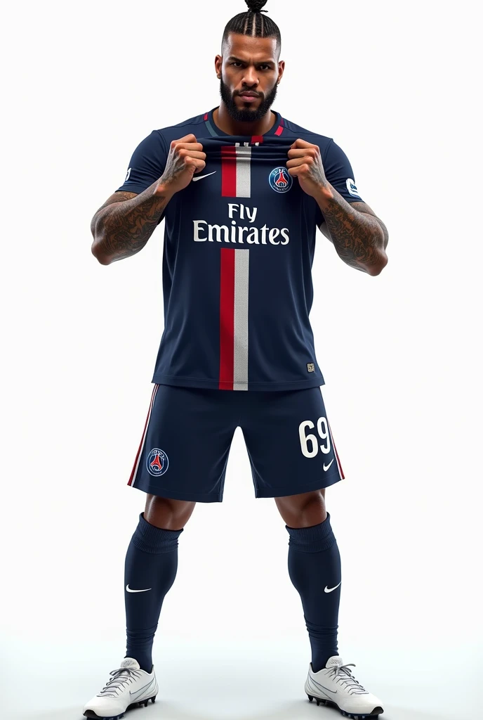 Young 2 sexy Rudo gangster with black hair shaved on the sides with braids brown eyes thick lips athletic body masculine energy and sexy defined chin trimmed beard colored tattoo marked biceps wears black colored man Muslim style, He wears the navy blue PSG uniform with a central red and white stripe., Navy blue shorts with the number 69 and white cleats. The background is white and he is standing kissing the PSG badge on the shirt that he is holding with his team hand. 8k