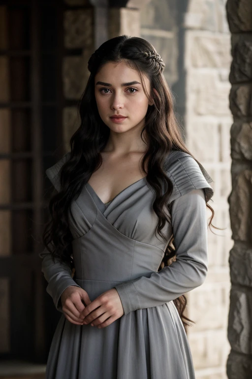 Layde stark game of thrones beautiful face, long straight wavy black hair grey eyes wearing a grey dress