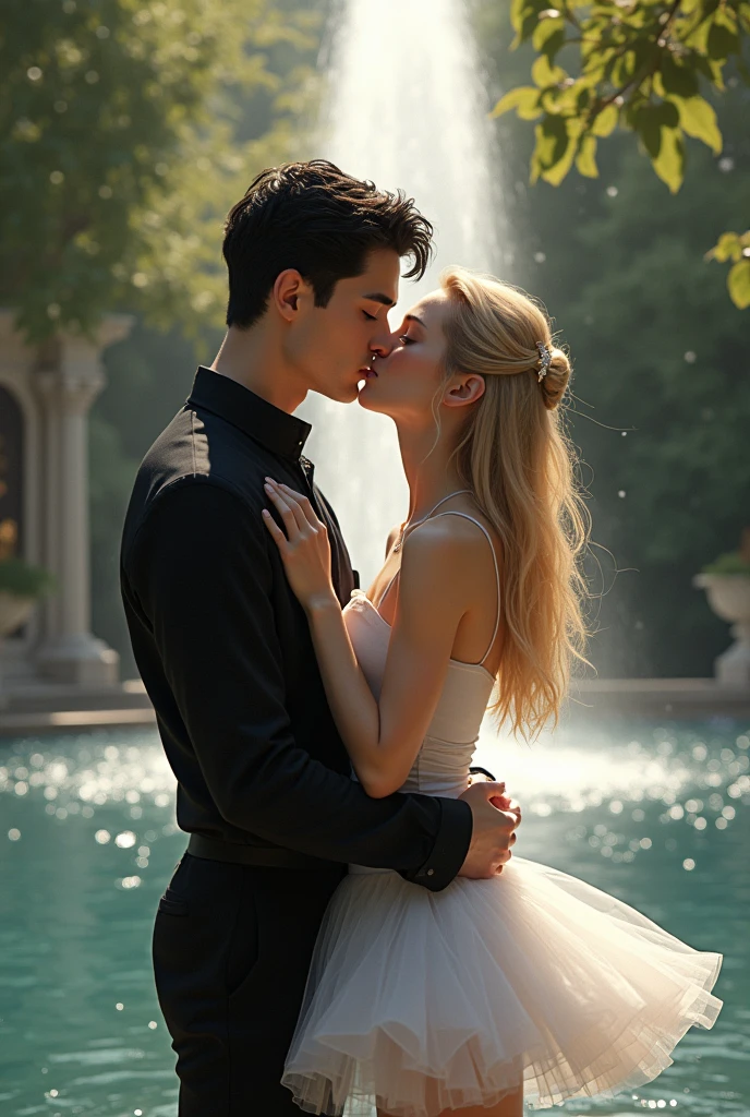 Create image of Damon Torrance and Winter Ashby kissing in front of a water fountain, a boy with black hair, Caucasian skin, Cao Cao, black eyes and black clothes, and a girl with straight golden blonde hair, blue colored eyes, Caucasian skin, dressed as a ballerina